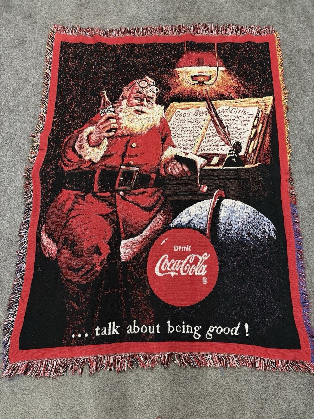 1994 Coca Cola Santa Clause Christmas Holiday Woven Fringe Throw Blanket 44X58